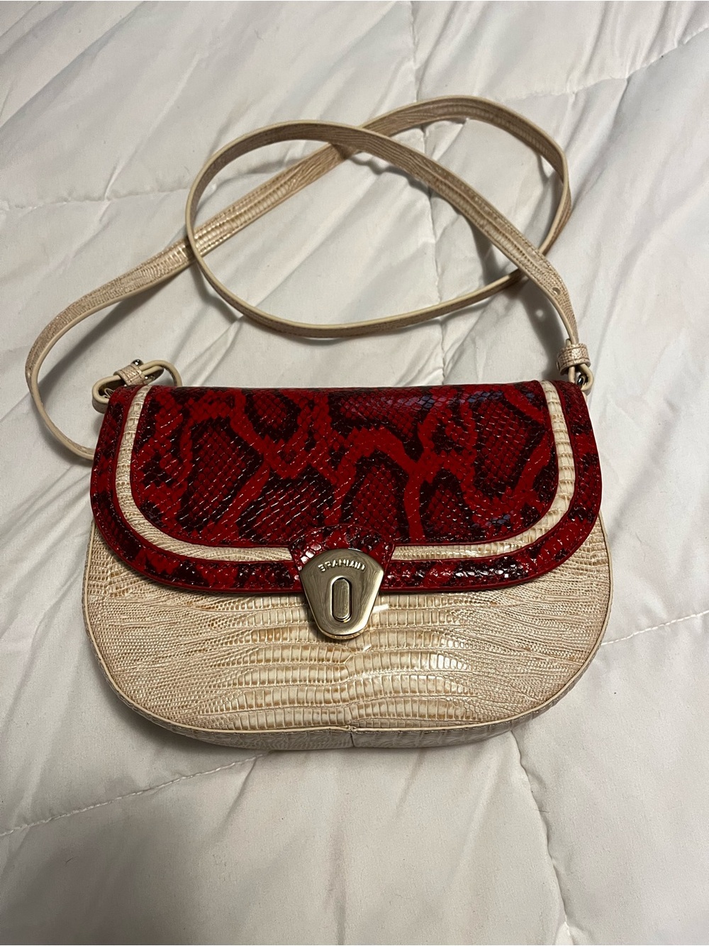 Beige and Red Faux-Snake Crossbody Bag